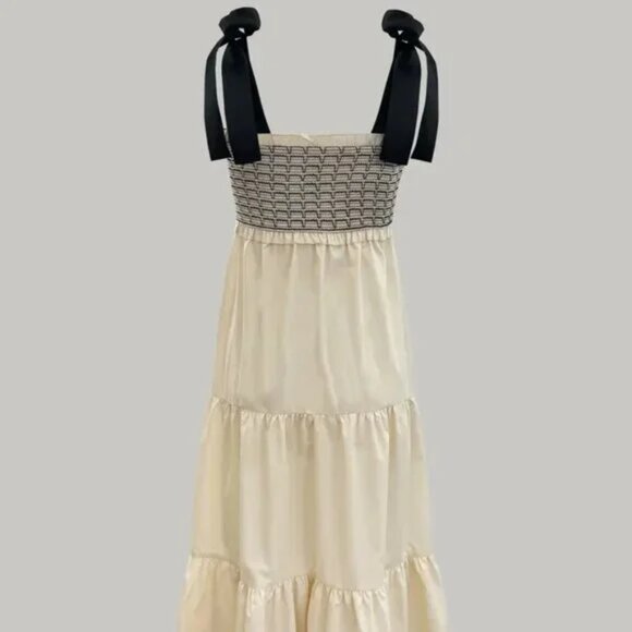 Black and Beige Contrast Sleeveless Tiered Hem Flowy Maxi Dress - Picture 5 of 6
